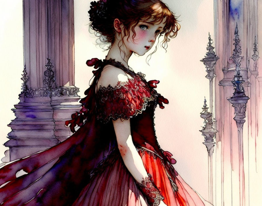 Young girl in red dress beside ornate pillars in watercolor art