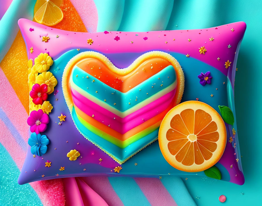 Vibrant digital artwork: heart-shaped rainbow cushion with flowers and stars on colorful fabric.