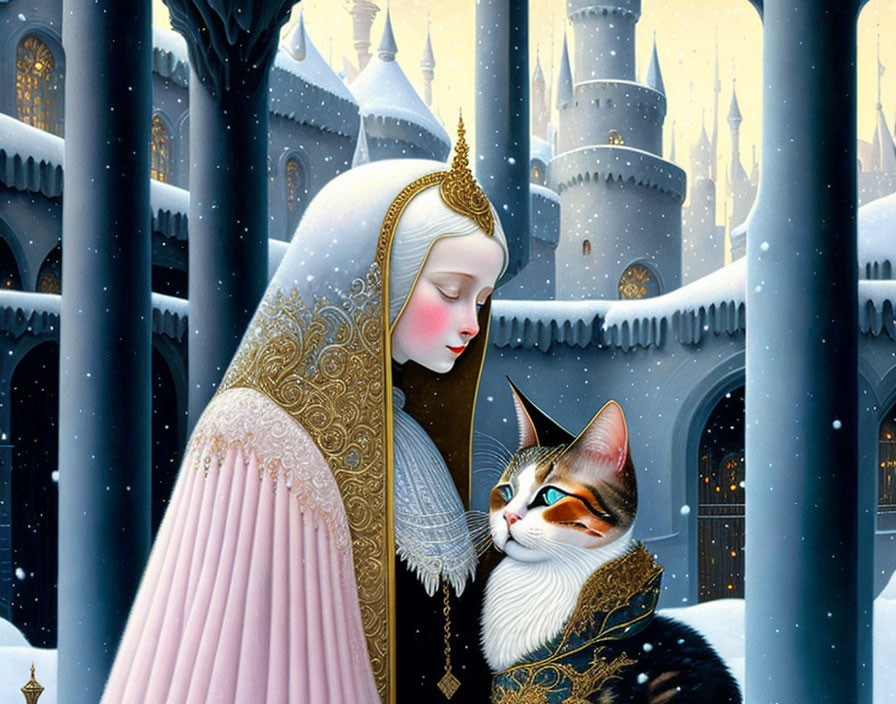 Medieval woman holding a cat in snowy castle scene