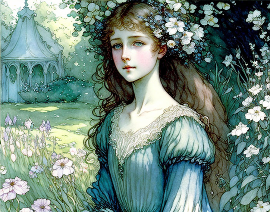 Vintage Illustration of Young Woman with Flowers in Hair in Whimsical Garden