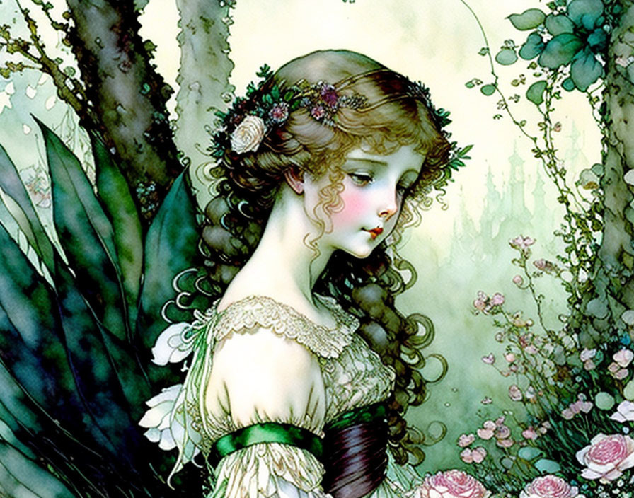 Young woman with angel wings in vintage dress and floral crown among greenery and pink roses.