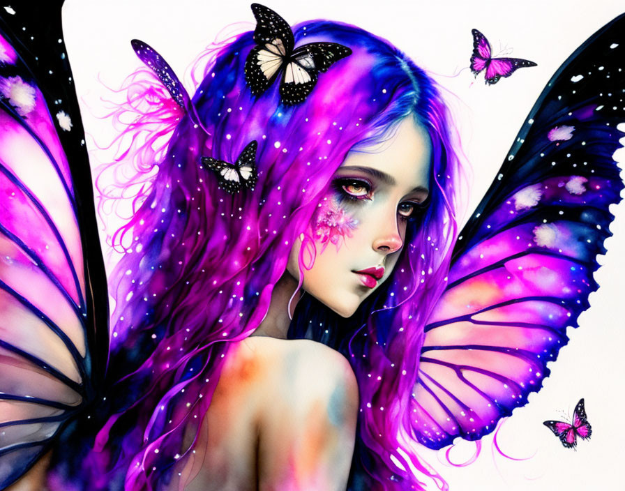 Vibrant illustration: Person with butterfly wings, blue and purple hair, surrounded by butterflies