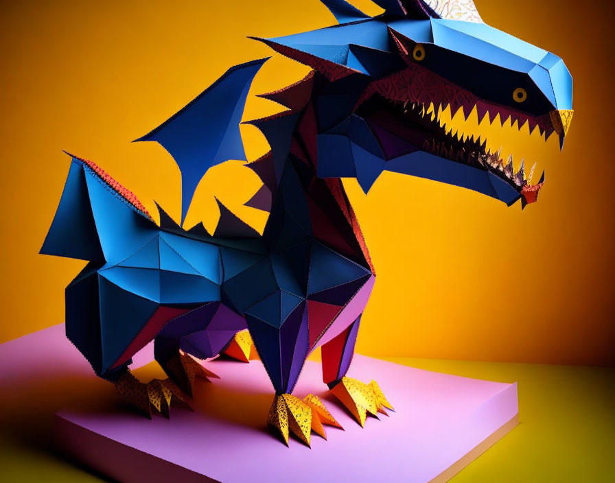 Colorful Origami Dragon with Blue and Purple Hues on Orange-Yellow Background