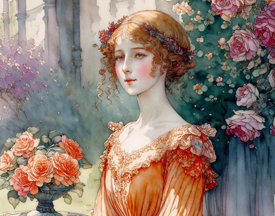 Ethereal woman in delicate orange dress among roses with classic romantic ambiance