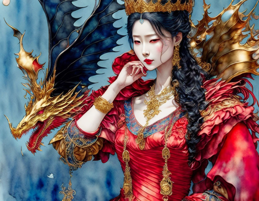 Illustrated woman in red and gold attire with golden dragon on blue backdrop