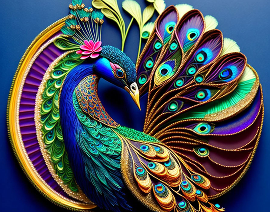 Colorful Peacock Illustration with Intricate Patterns on Blue Background