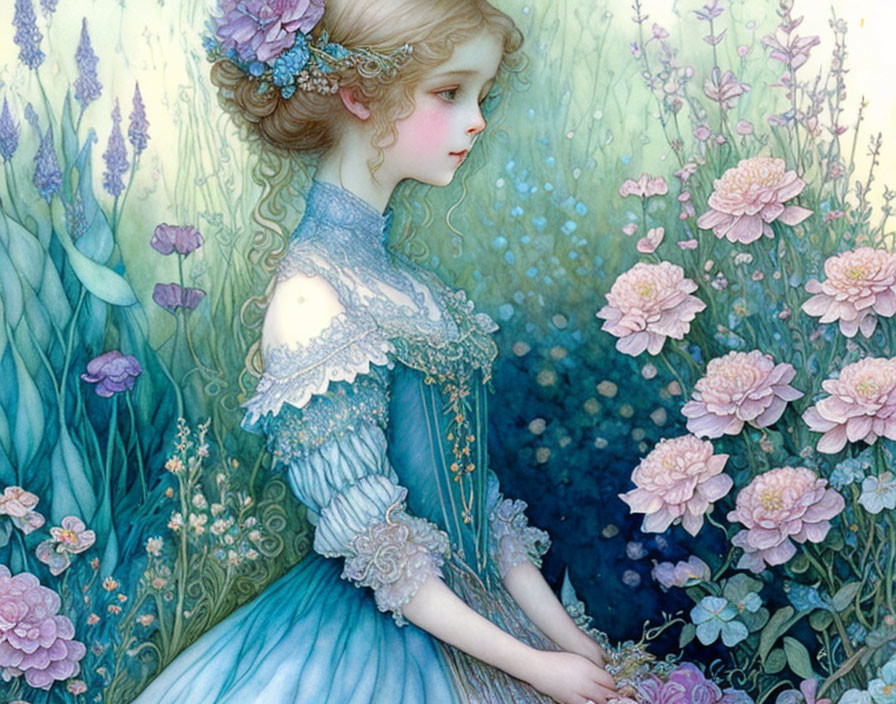 Girl in Blue Gown Surrounded by Flowers in Mystical Garden