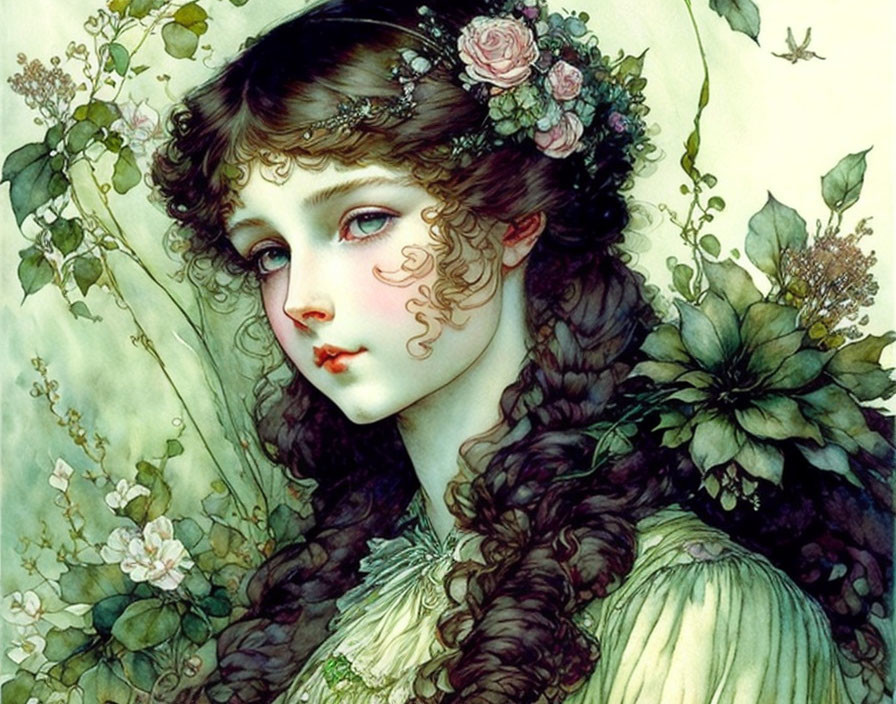 Detailed illustration of woman with floral headwear and deep curly hair against floral backdrop