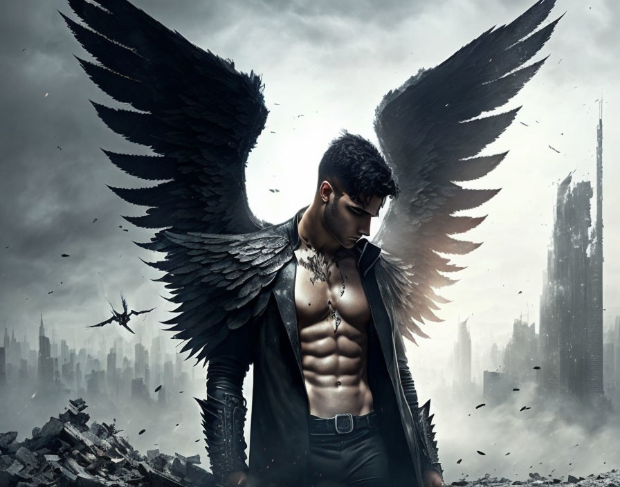 Brooding man with black wings in ruins under stormy sky