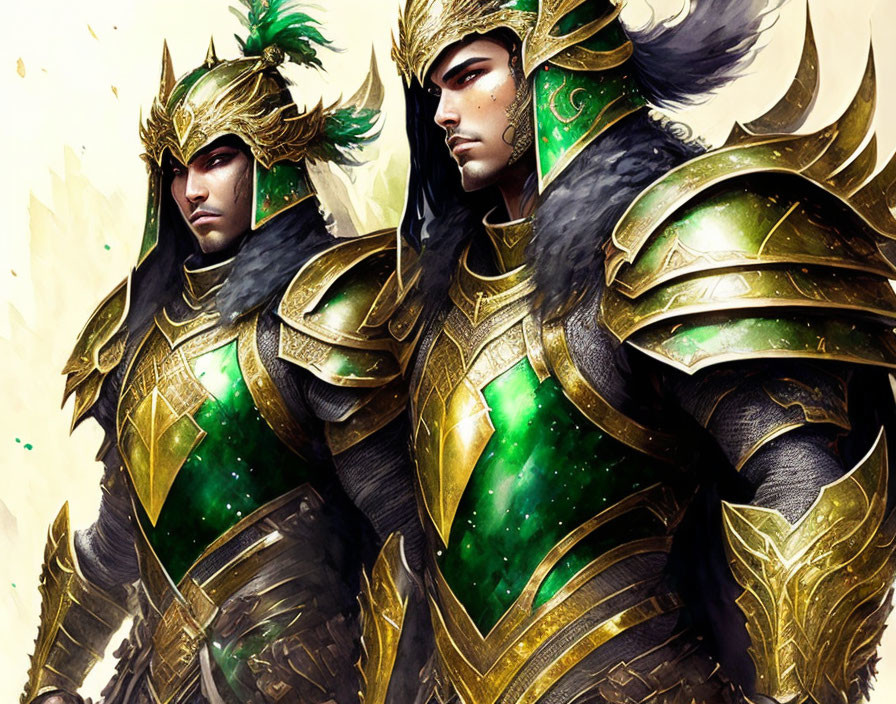 Majestic warriors in green and gold armor standing strong