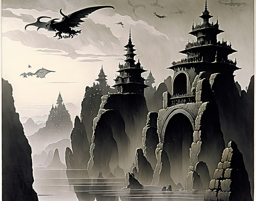 Monochromatic fantasy illustration with pagodas, dragons, stone bridge, and bird