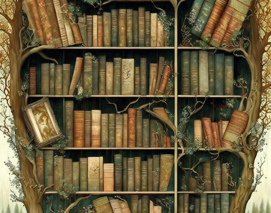 Tree-shaped bookshelf filled with old leather-bound books