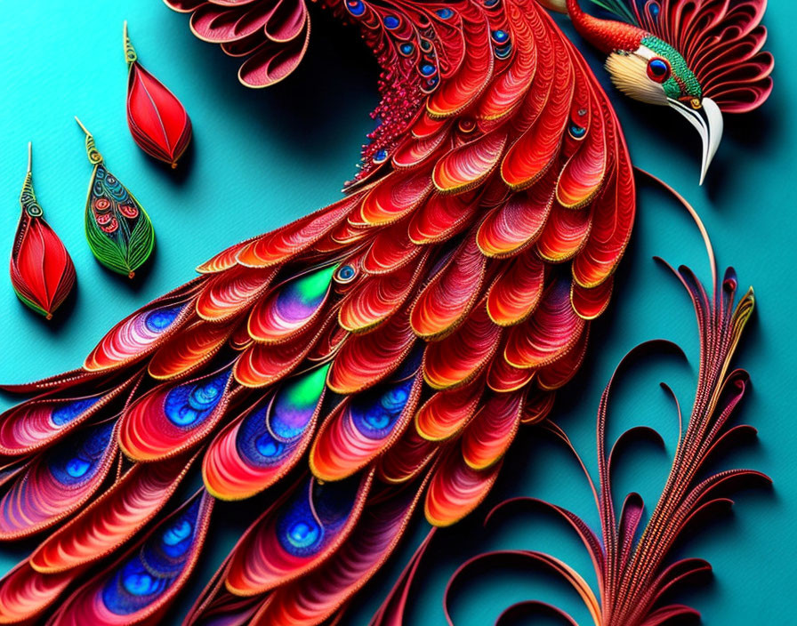 Colorful Paper Quilling Art: Peacock Feathers in Red, Orange, and Blue