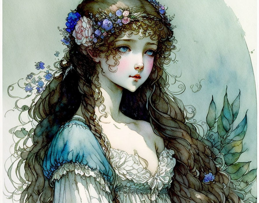 Young Woman with Curly Hair in Vintage Blue Dress and Floral Adornments