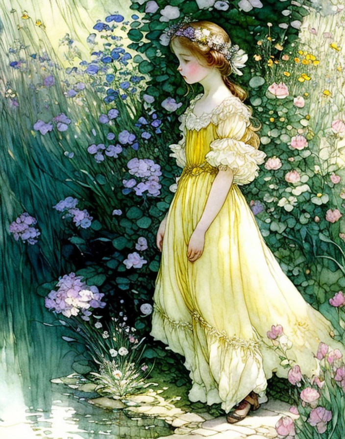 Young woman in yellow dress surrounded by colorful flowers in serene setting