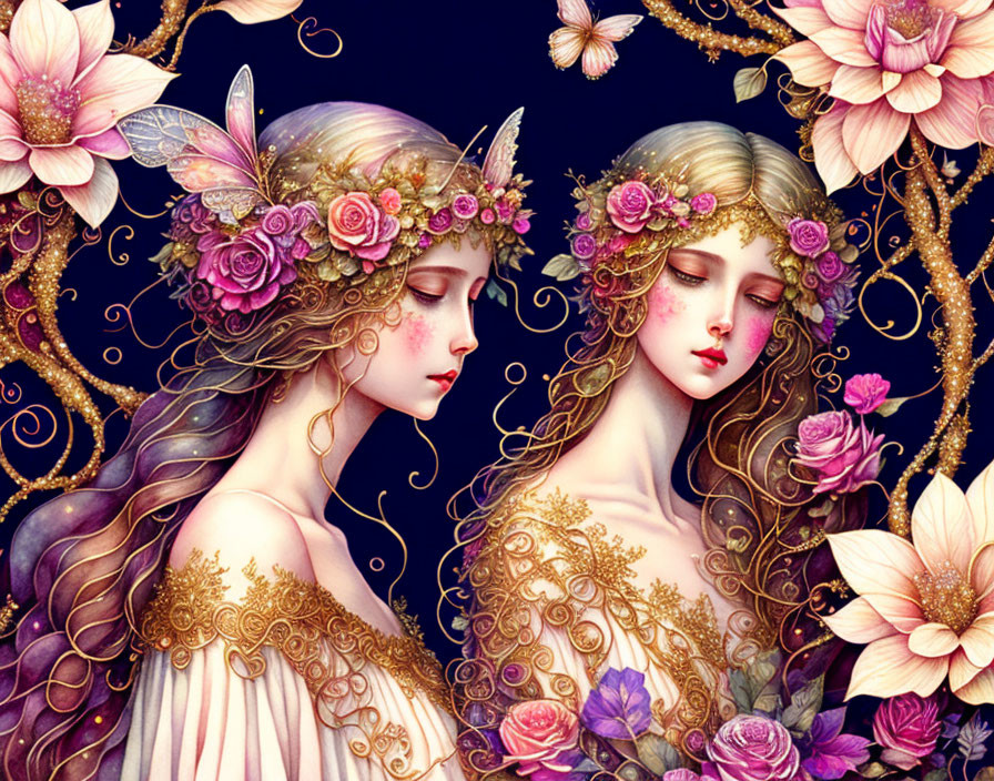 Ethereal female figures with floral crowns and golden patterns on dark background