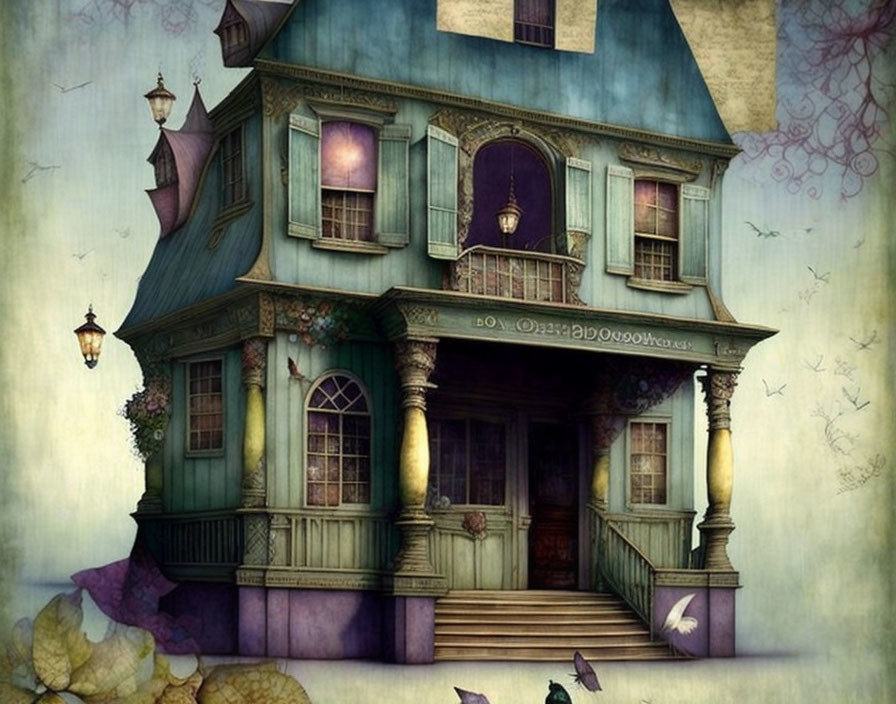 Victorian-style haunted house illustration with eerie atmosphere and flying crows