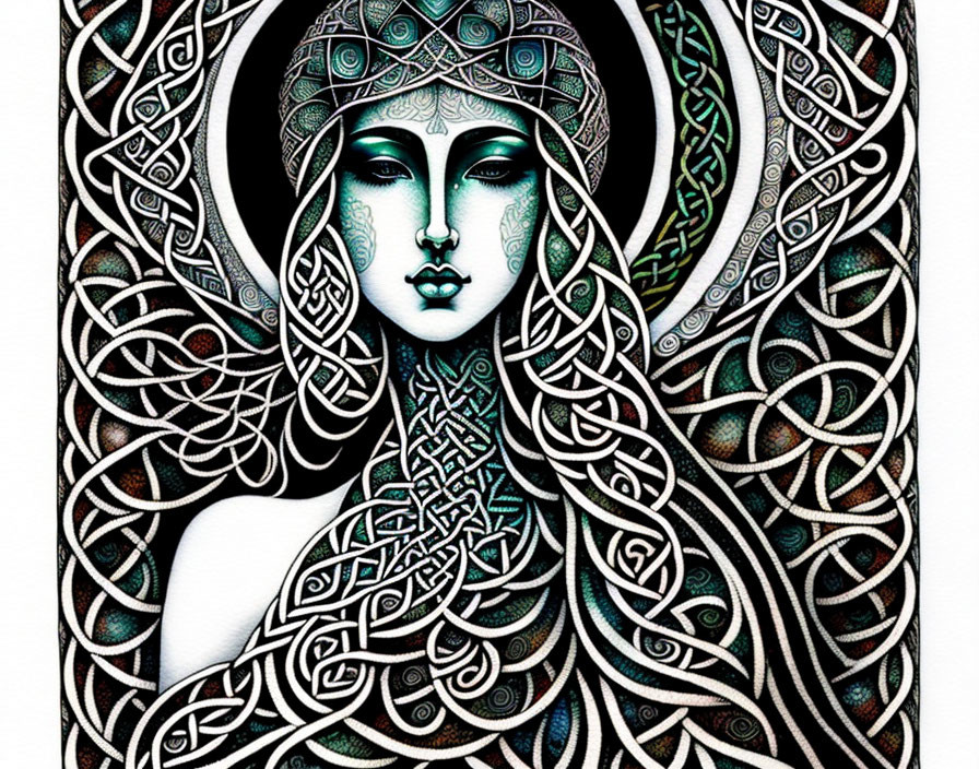 Detailed Celtic Knot Artwork of Woman in Monochromatic Tones