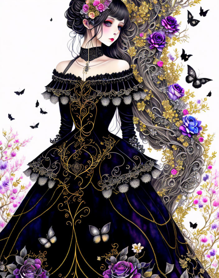 Illustrated woman in black gothic dress with gold details, surrounded by purple flowers and butterflies