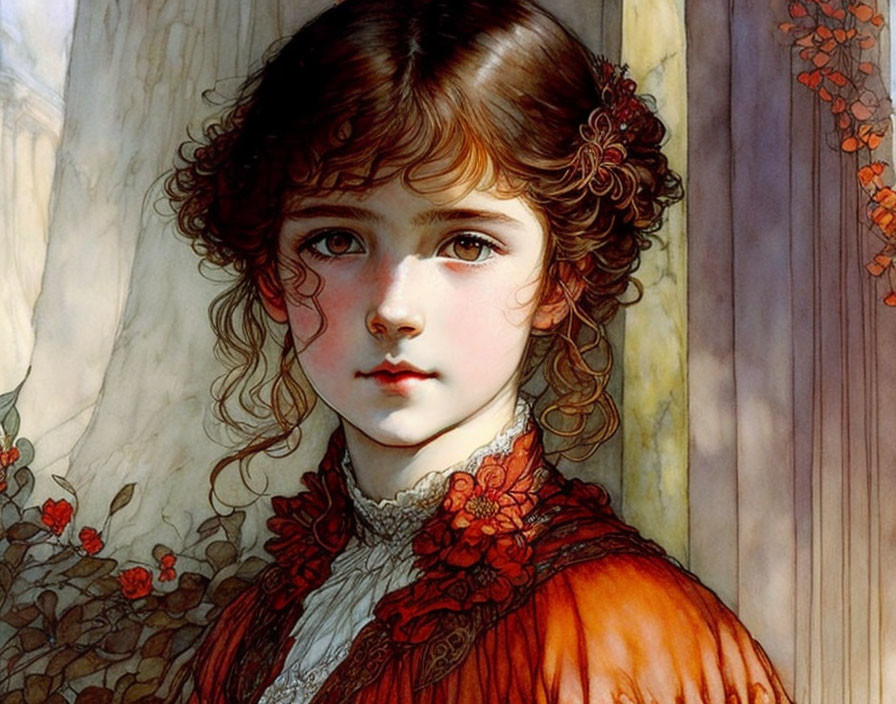 Portrait of Young Girl with Curly Hair and Ruffled Collar in Warm-Toned Dress