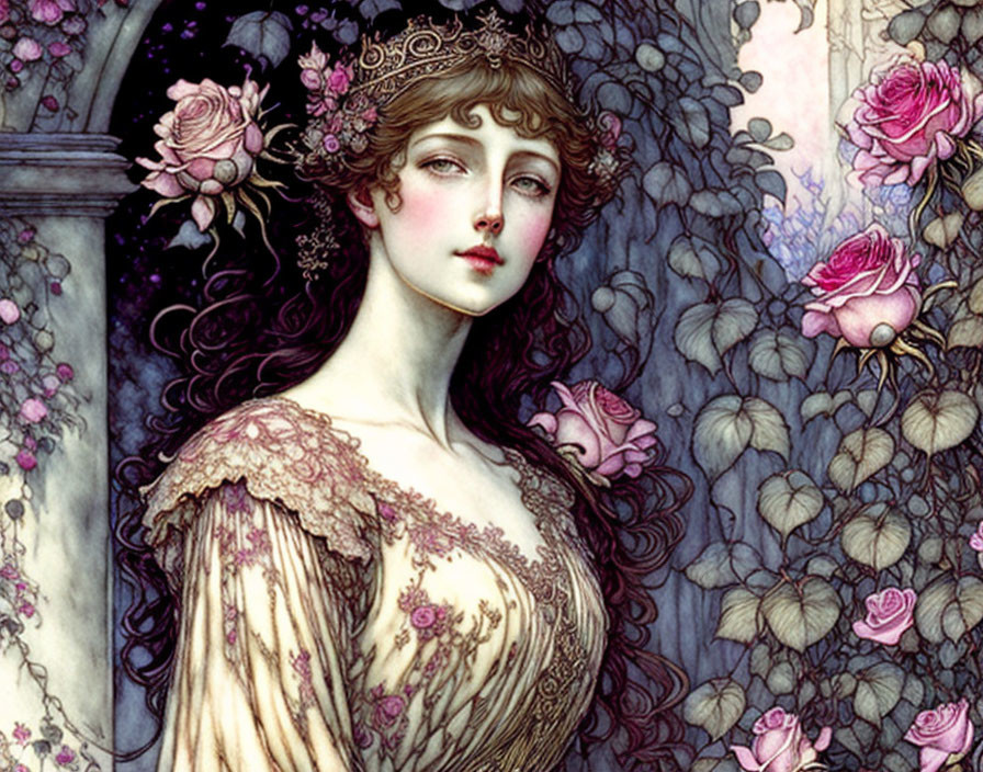 Woman with Floral Headdress Surrounded by Roses and Vines in Art Nouveau Style