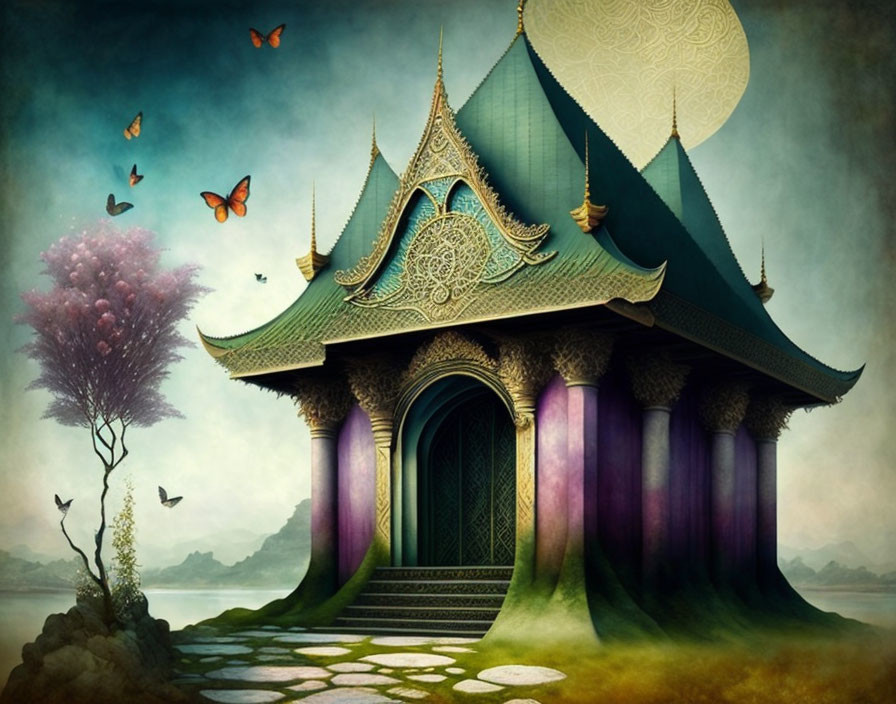 Stylized temple surrounded by butterflies and blooming tree