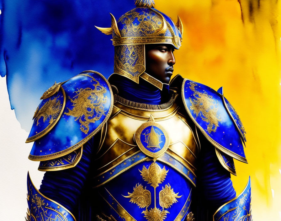 Ornate Blue and Gold Armor on Vibrant Blue and Yellow Background