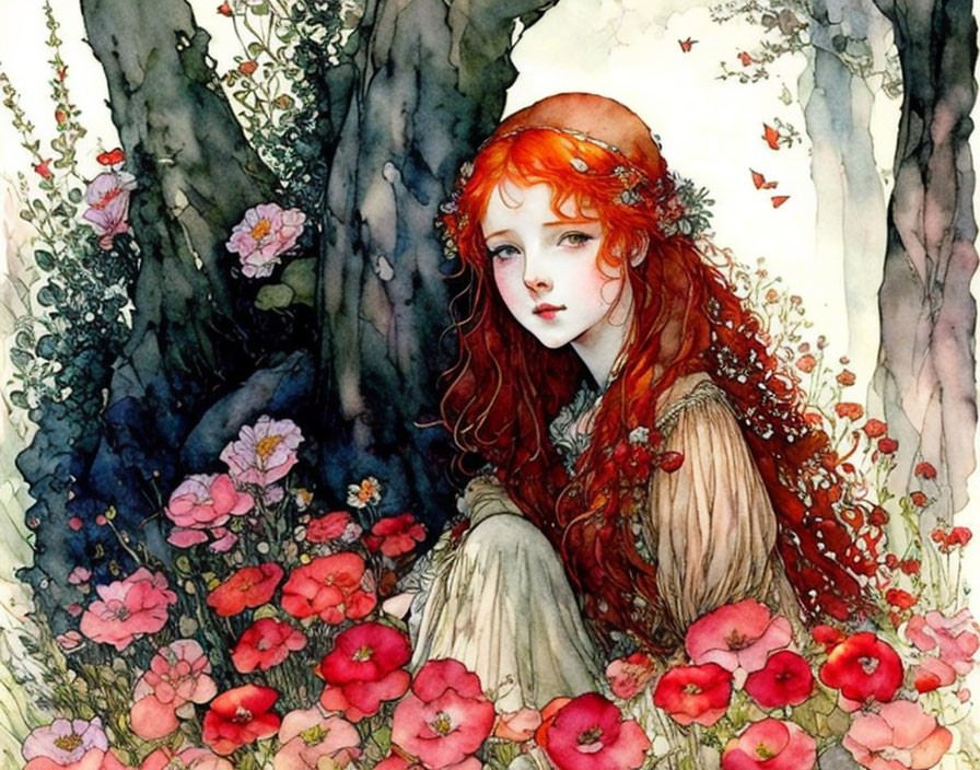 Young Woman with Red Hair in Watercolor Nature Scene