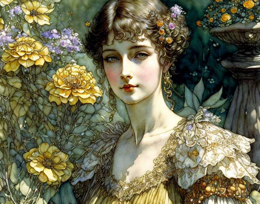 Detailed illustration of woman with flower-adorned hair in romantic, fantastical setting