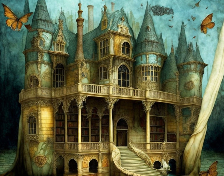 Ethereal mansion with towering spires, oversized butterflies, and mysterious foggy backdrop