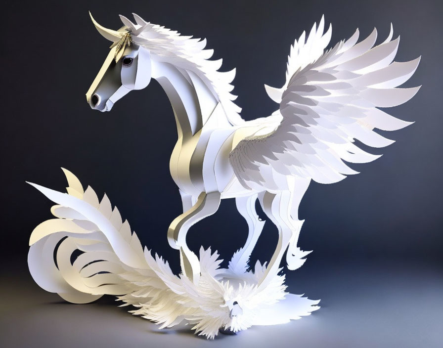 Mythical Pegasus White Paper Sculpture on Gradient Background