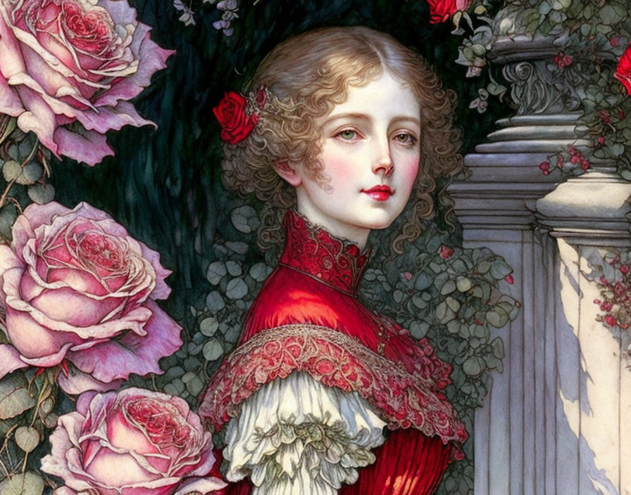 Fair-skinned woman in red Victorian dress with curly hair among pink roses and marble columns.