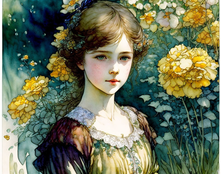 Young girl watercolor illustration surrounded by yellow flowers