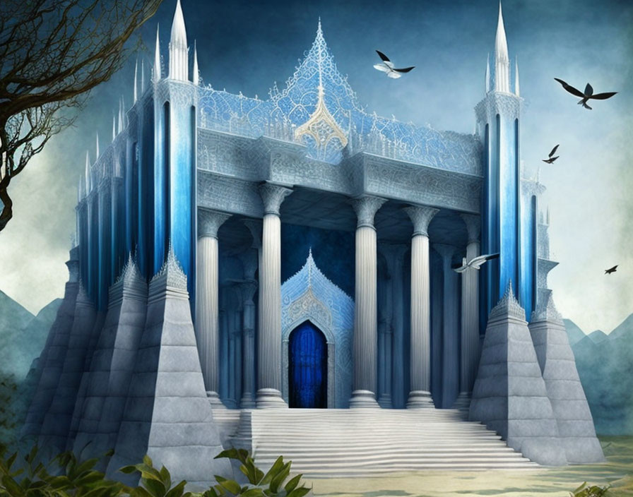 Fantasy castle with blue spires, stone pillars, grand entrance, mountains, and flying birds