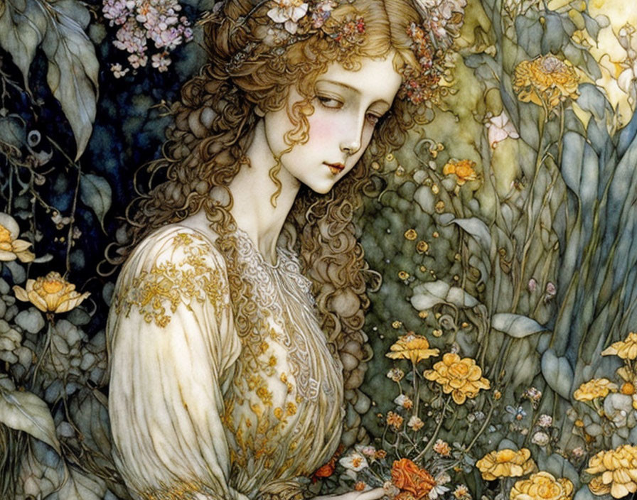 Detailed illustration of woman with long wavy hair in golden gown among intricate flowers