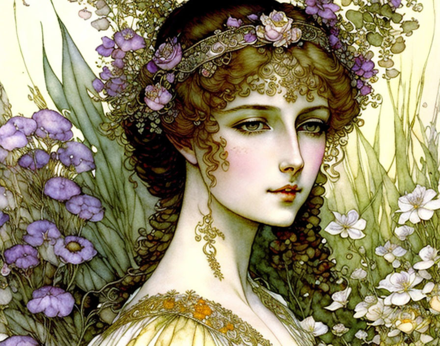 Woman with Curly Hair and Floral Headpiece in Vintage Art Nouveau Style