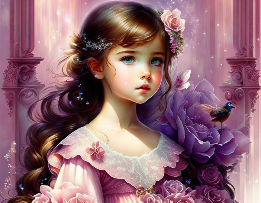 Digital artwork: Young girl with blue eyes, floral hair, pink dress, roses, bird.