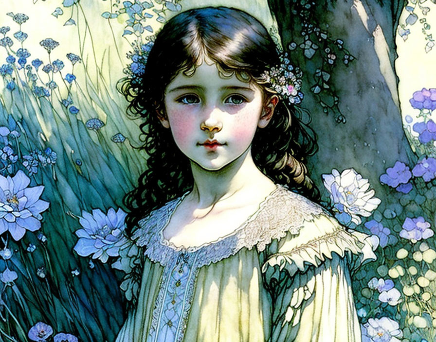 Young girl with dark hair and rosy cheeks surrounded by flowers and foliage.