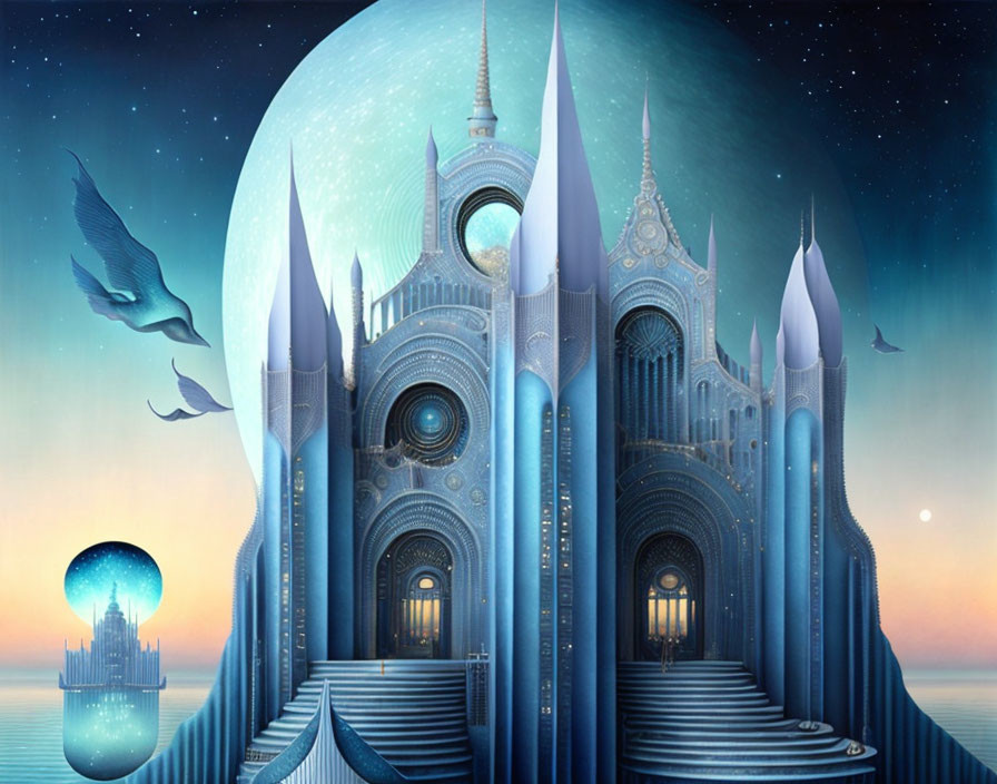 Fantasy castle with spires under starry sky, whales swimming in air