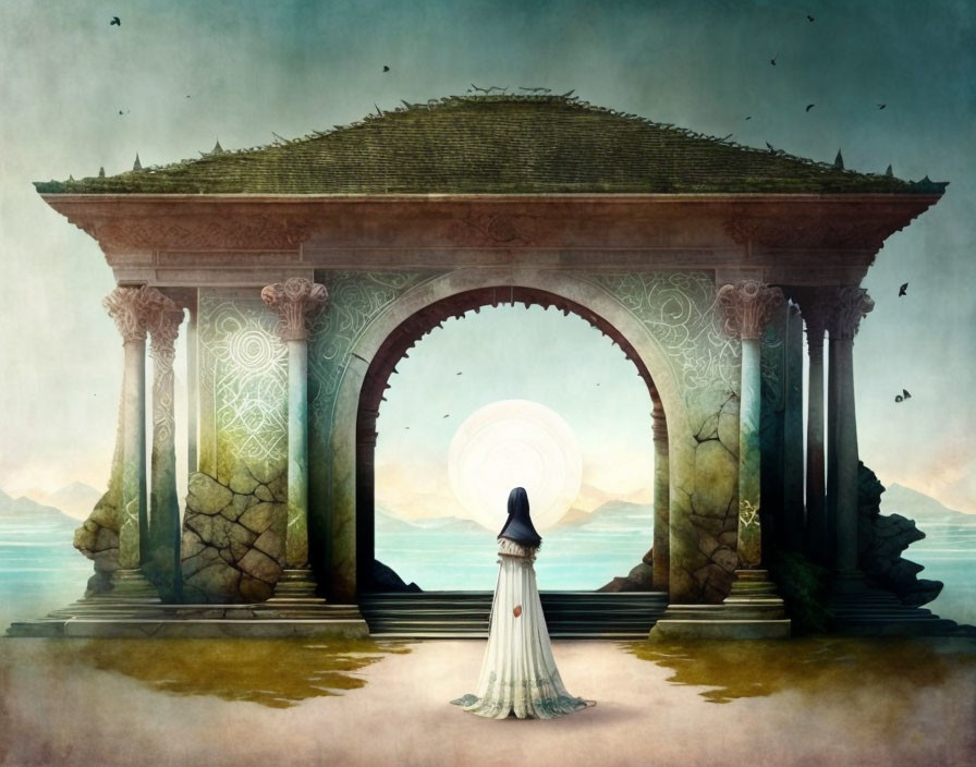 Figure in white dress gazes at sea and sunset near ornate archway