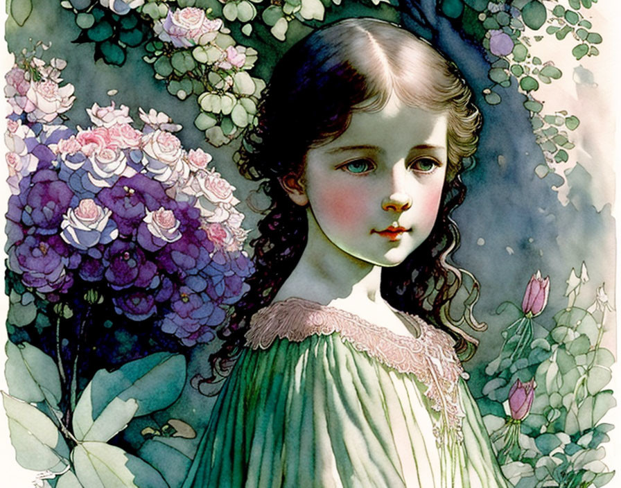 Young girl in green dress surrounded by lush flowers illustration