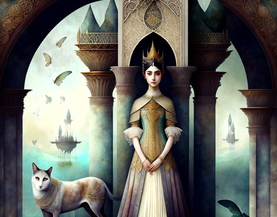 Regal queen illustration in palace setting with cat, floating islands, and butterflies.