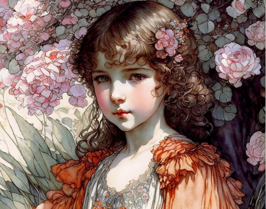 Young girl with curly hair surrounded by pink roses in orange dress.