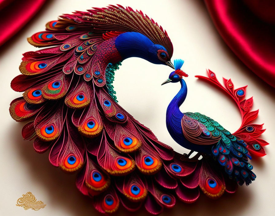 Ornate peacock illustration with vibrant feathers on red fabric