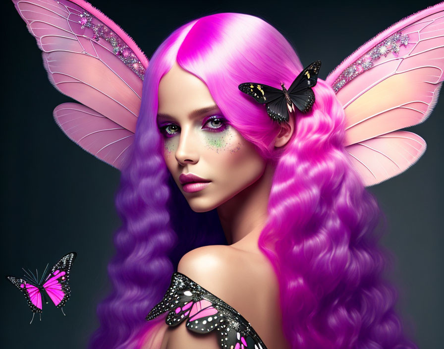 Colorful fantasy portrait with pink hair, butterfly wings, freckles, and butterflies.