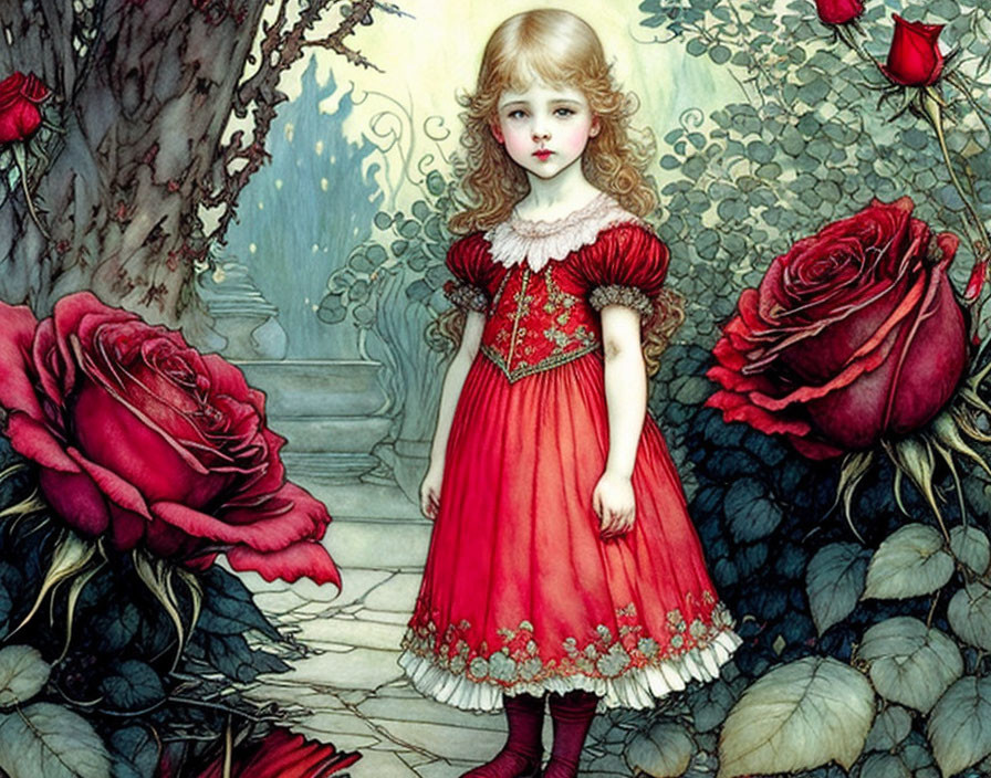 Young girl in red dress surrounded by oversized roses in vintage storybook garden