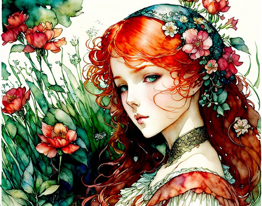 Woman with Red Hair and Flowers in Watercolor Illustration