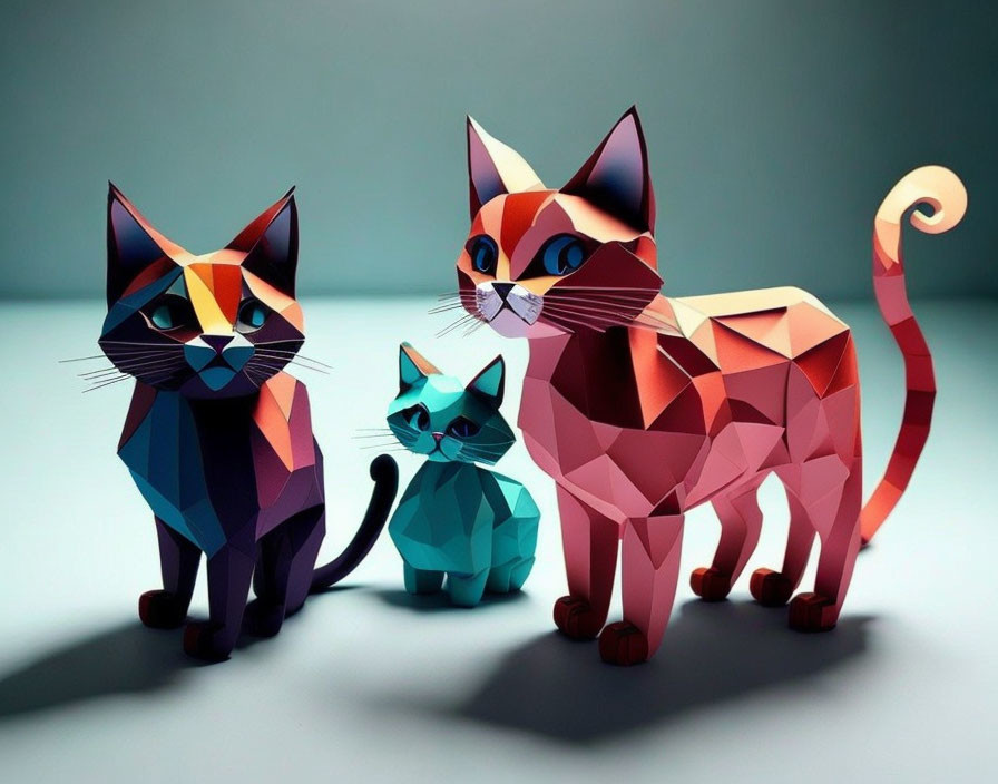 Colorful Geometric Paper Art Cats in Orange, Black, and White