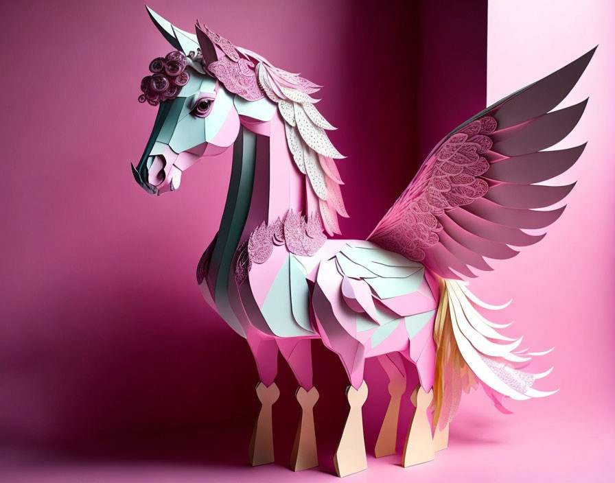 Colorful Winged Horse Paper Craft Model on Pink Background