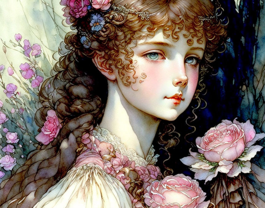 Young Girl with Curly Hair Surrounded by Roses and Flowers in Soft Colors